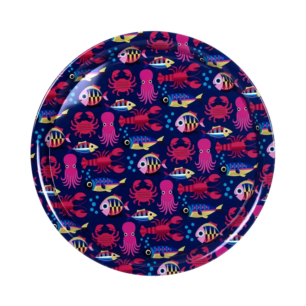 Kitsch Kitchen round tin tray Sealife blue sea