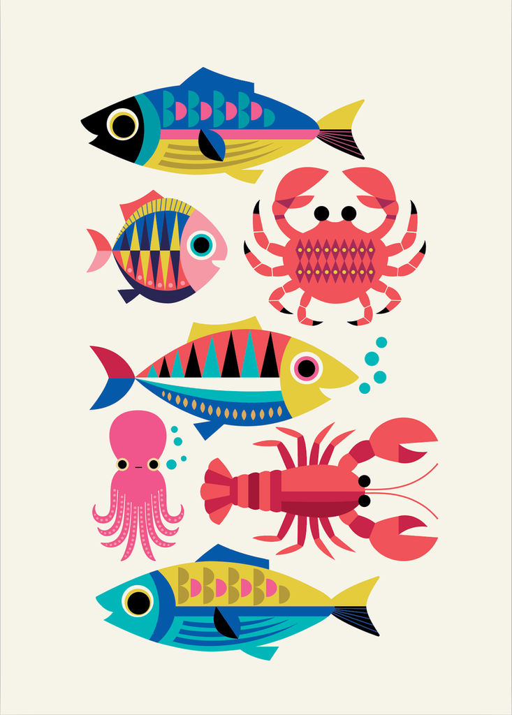 Kitsch Kitchen teatowel Sealife white sea