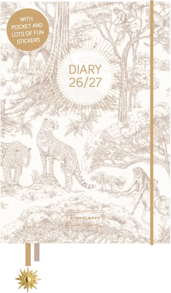 Pimpelmees Mono Savannah Stories agenda 2026/2027 elephant pencil grey 