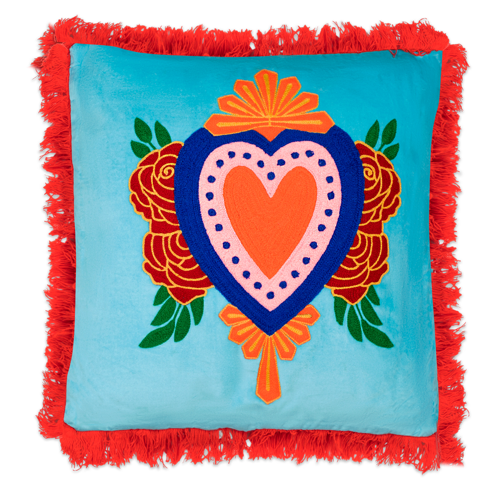 Kitsch Kitchen cushion Milagro heart light blue fringes