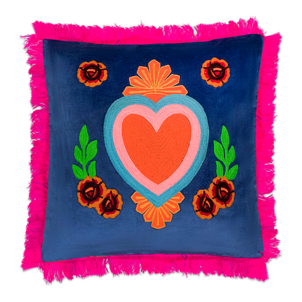 Kitsch Kitchen cushion Milagro heart dark blue fringes