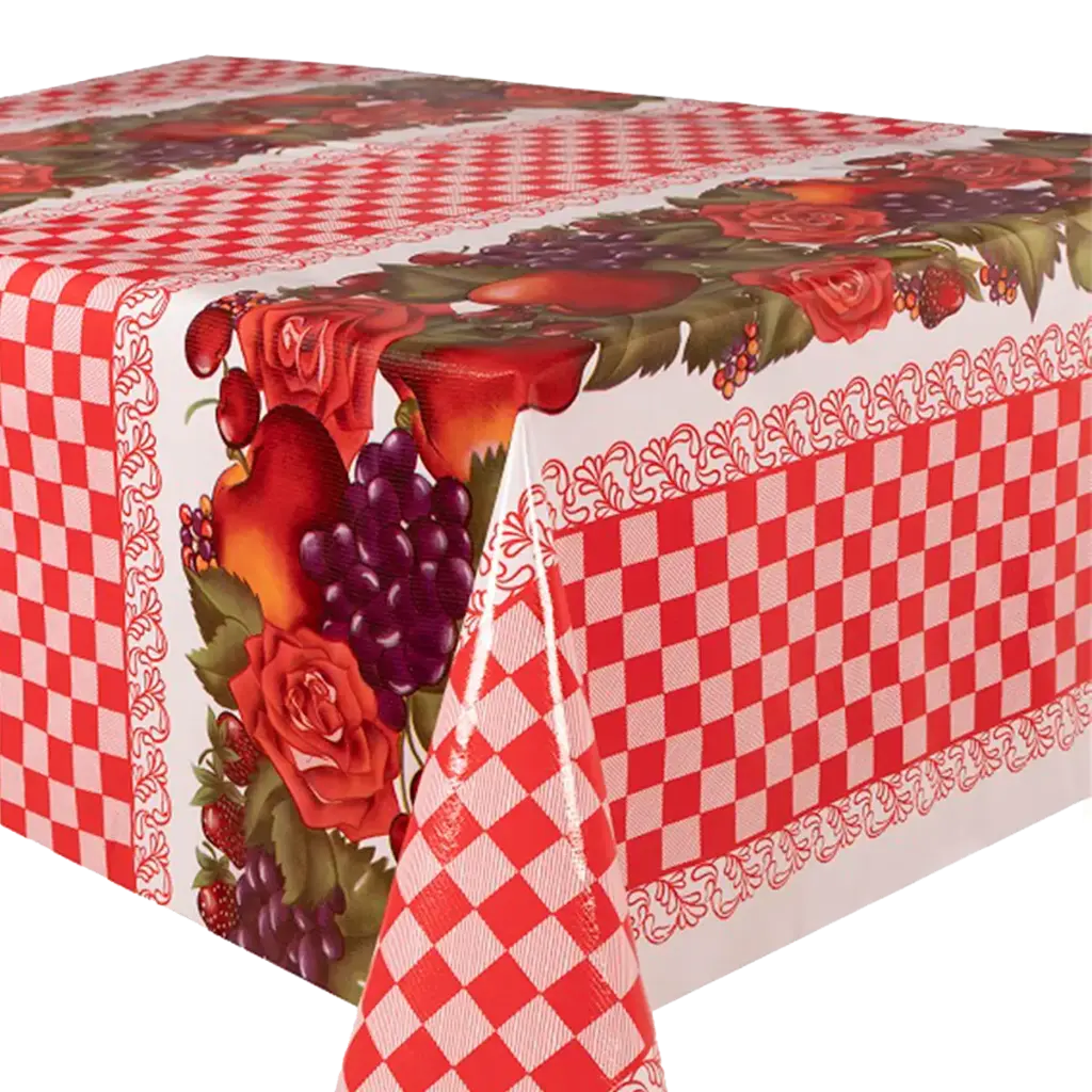 Kitsch Kitchen oilcloth Check & Fruit red 10 cm (1.20 wide)