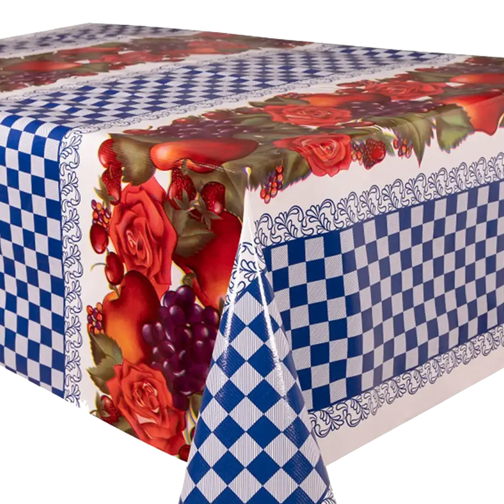 Kitsch Kitchen oilcloth Check & Fruit blue 10 cm  (1.20 wide)
