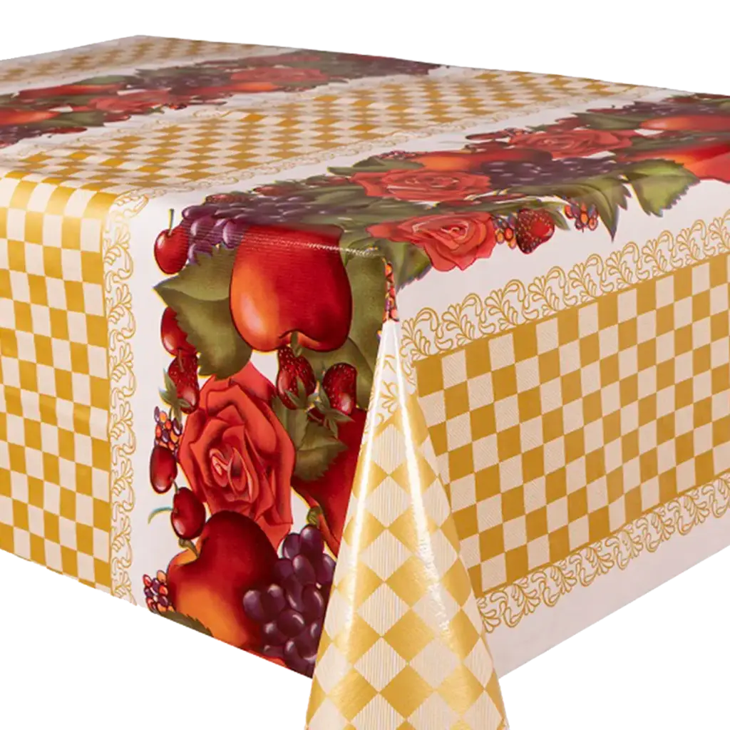 Kitsch Kitchen oilcloth Check & Fruit goud 10 cm (1.20 wide)