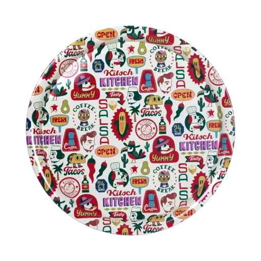 [KK.70098] Kitsch Kitchen round tin tray El Restaurante mexican summer