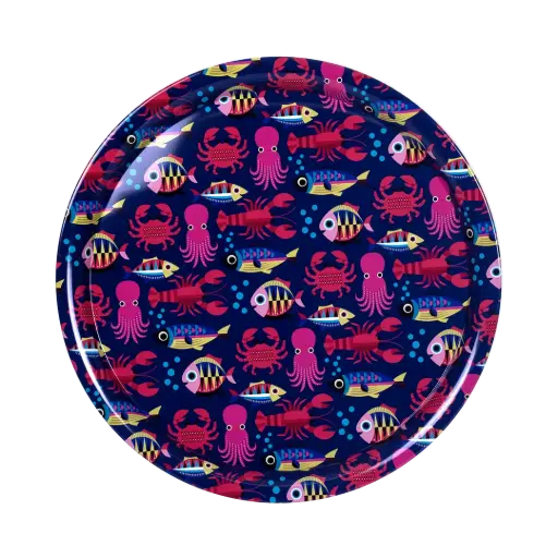 [KK.70140] Kitsch Kitchen round tin tray Sealife blue sea