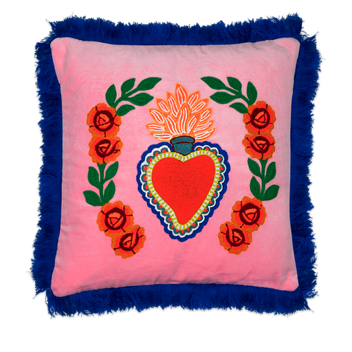 [HD0704] Kitsch Kitchen cushion Milagro heart pink fringes