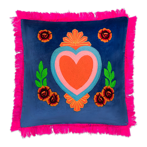 [HD0705] Kitsch Kitchen cushion Milagro heart dark blue fringes