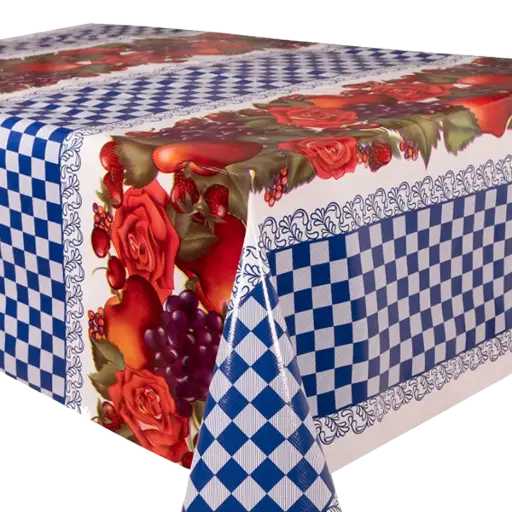 [TZ0369C] Kitsch Kitchen oilcloth Check & Fruit blue 10 cm  (1.20 wide)